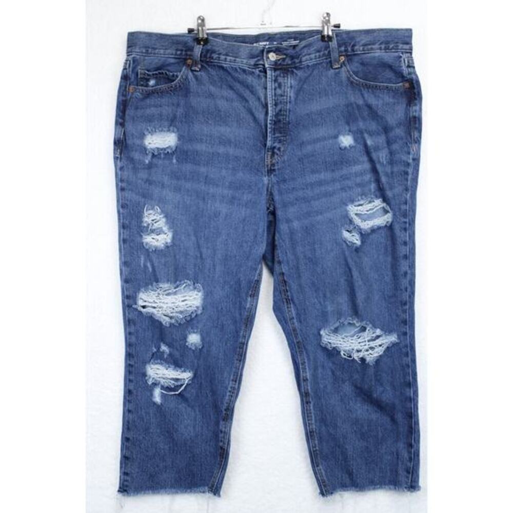 Old Navy Button Fly Jeans Slouchy Straight High Rise Frayed Ripped Women 20 Blue